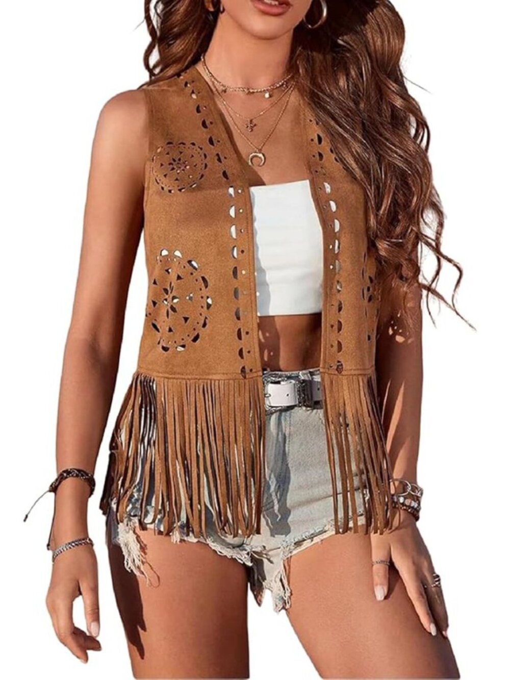 Faux Suede Fringe Vest Women Western Cowgirl Vintage 70s Boho Hippie Tassel Top